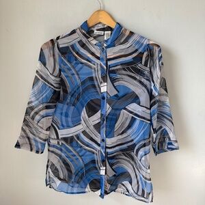 Liz Baker vintage button up sheer abstract geometric print blouse.